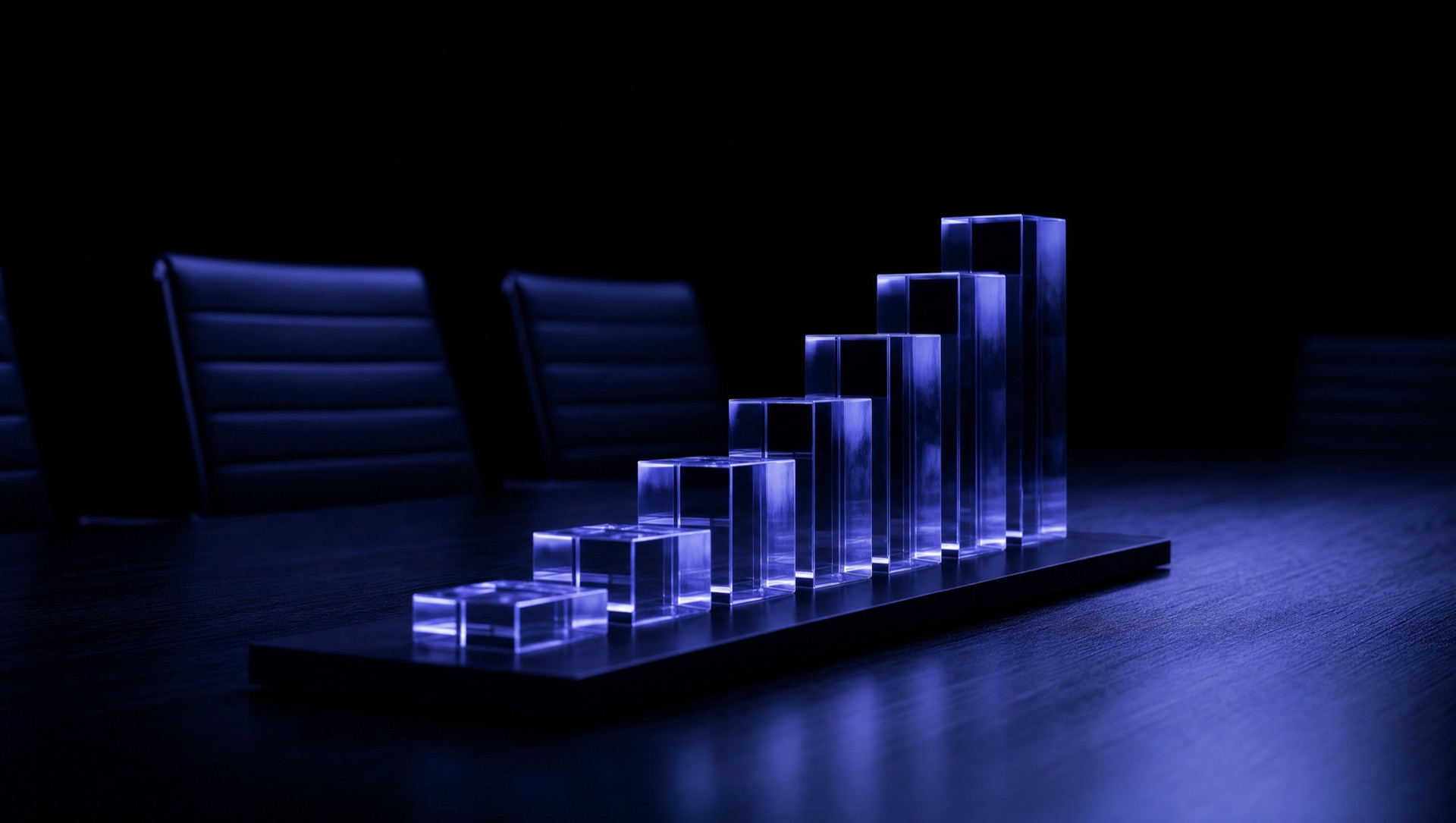 Ascending translucent glass blocks on a dark boardroom table