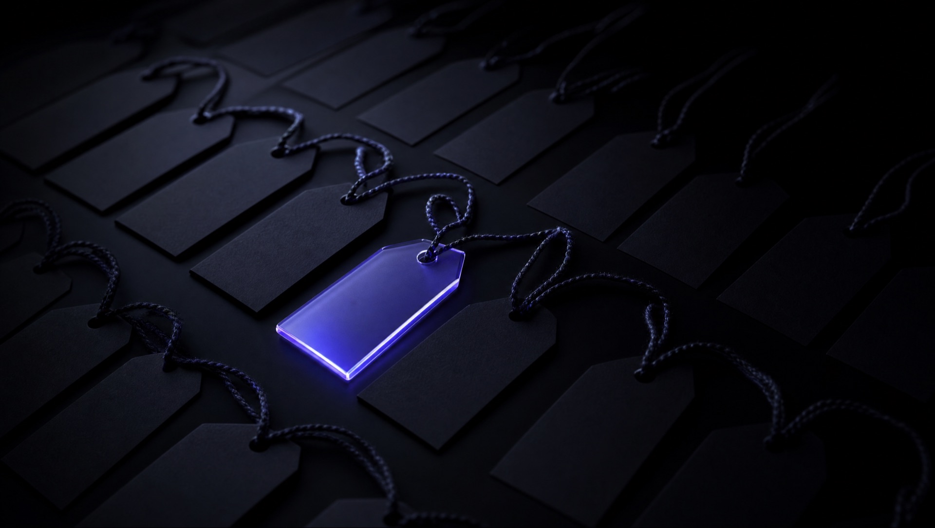 Rows of black price tags, one translucent glass tag glowing indigo