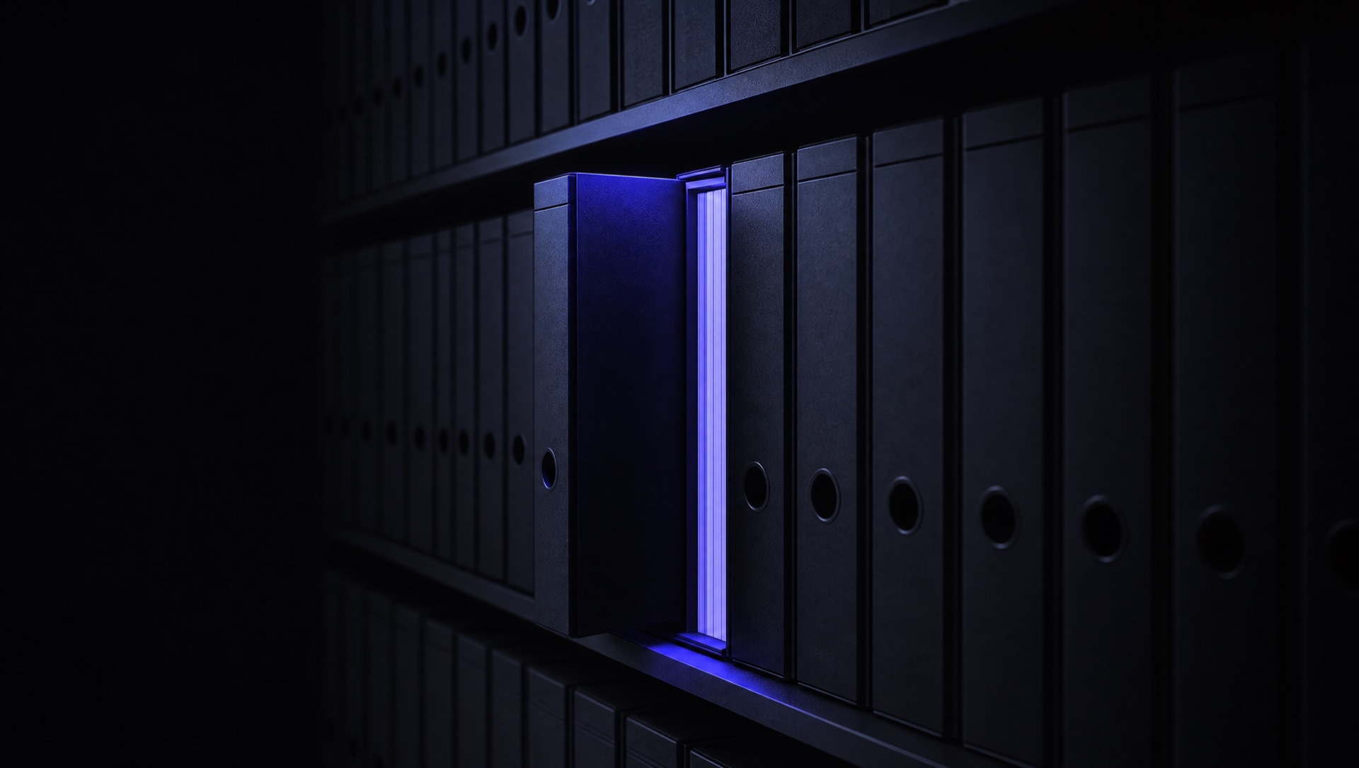A wall of dark binders with one pulled out, edge-lit indigo